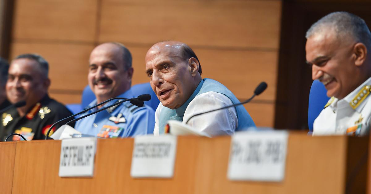 Union Defence Minister Rajnath Singh with three services chiefs General Manoj Pande (Army), Air Chief Marshal VR Chaudhari and Admiral R Hari Kumar (Navy) at a press conference in Delhi on Tuesday.